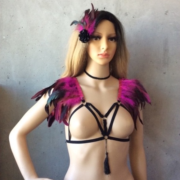 🌺 3PC: MAGENTA FEATHER BRA NECKLACE HAIR CLIP TRIBAL BURNINGMAN FESTIVAL EVENT - Picture 9 of 9